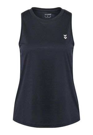 Schwarzes ärmelloses Sporttop mit rundem Ausschnitt und kleinem weißen Doppel-Chevron-Logo auf der linken Brust, hergestellt von Hummel.