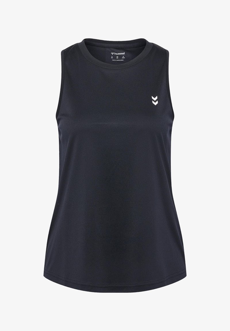 Black sleeveless sports top with round neckline and small white double chevron logo on left chest, made by Hummel.