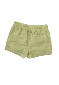 Pantaloni corti a righe gialle e bianche con vita elastica, dotati di tasca posteriore e un design semplice. Materiale in cotone, vestibilità casual.