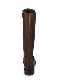 Stivale marrone in pelle alta fino al ginocchio con una finitura liscia, zip laterale e un tacco basso robusto. Presenta un pannello testurizzato lungo il retro.