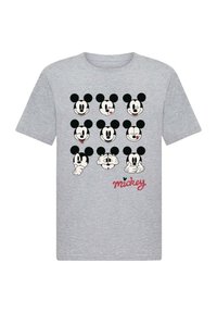 Gray short-sleeve T-shirt featuring nine black and white Mickey Mouse faces with varied expressions, text reading “mickey” in red.