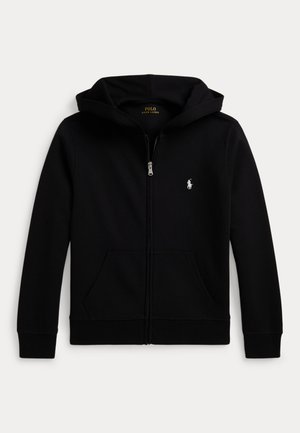 Schwarzer Kapuzenpullover mit Reißverschluss, vorderen Taschen und kleinem weißen Polo Ralph Lauren-Logo auf der linken Brust, dargestellt vor weißem Hintergrund.