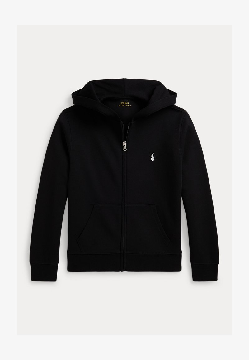 Sweat à capuche noir zippé avec poches avant et petit logo blanc Polo Ralph Lauren sur la poitrine gauche, présenté sur fond blanc.