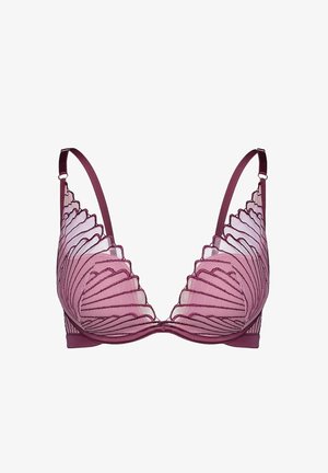 Koronkowy biustonosz bralet w gradientowych odcieniach różu i bordo, z falistymi krawędziami i regulowanymi ramiączkami, z gładkim tylnym pasem.