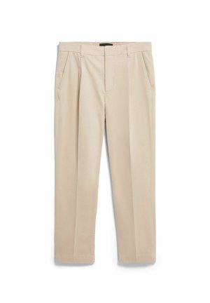 Beige Hose mit geradem Bein, hergestellt aus Baumwollstoff. Verfügt über Seitentaschen und eine flache Vorderseite mit einem Bund mit Gürtelschlaufen.