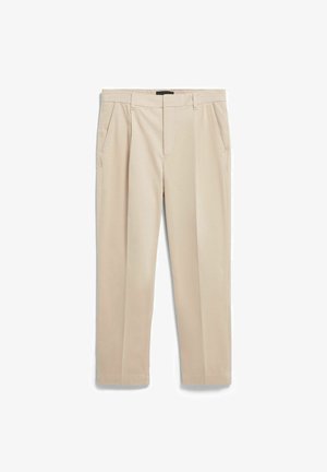 Beige Hose mit geradem Bein, hergestellt aus Baumwollstoff. Verfügt über Seitentaschen und eine flache Vorderseite mit einem Bund mit Gürtelschlaufen.