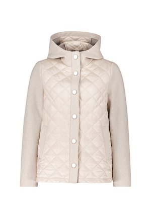 Beige gewatteerd jack met capuchon, drukknopen aan de voorkant, gladde stoffen mouwen en zijzakken.