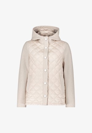 Beige gewatteerd jack met capuchon, drukknopen aan de voorkant, gladde stoffen mouwen en zijzakken.