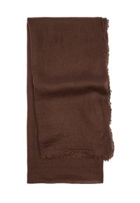 Brązowy szalik wykonany z miękkiego materiału, z teksturowaną powierzchnią i frędzlami na krawędziach, prostokątny kształt, bez widocznych wzorów.