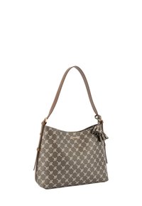 Brązowa torba na ramię z teksturowanym wzorem. Zawiera akcent w postaci frędzla oraz złote okucia. Wykonana z trwałego materiału syntetycznego.