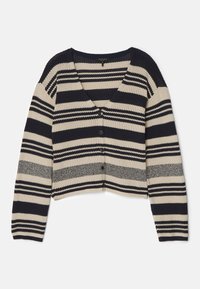 Striped cropped cardigan in navy, cream, and grey. Features a v-neck, long sleeves, and button closure with ribbed texture.