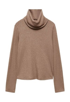 Smeđi rebrasti pulover s visokim ovratnikom, dugim rukavima i preklopnim ovratnikom. Mekana tekstura, opušteni kroj i jednostavan dizajn bez ukrasa.