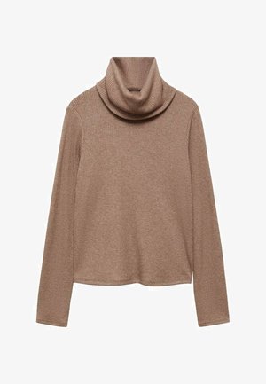 Hnedý rebrovaný sveter s vysokým golierom, dlhými rukávmi a preloženým golierom. Mäkká textúra, voľný strih a jednoduchý dizajn bez ozdôb.