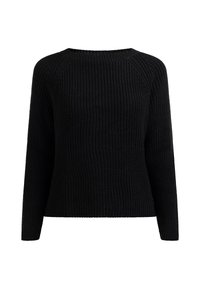 Pulover negru din tricot cu textură în relief, mâneci lungi și decolteu rotund. Prezintă o croială lejeră și mâneci raglan cusute.