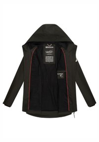 Black jacket with a hood, featuring red accents on the inner lining and pockets. Notable tags are visible inside, indicating brand details.
