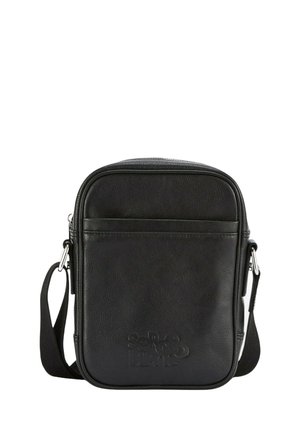 Sac en cuir noir rectangulaire à bandoulière avec une sangle réglable, une poche avant et un logo embossé "Sergio Tacchini".