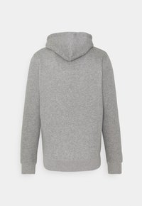 Hellgrauer Kapuzenpullover von hinten gezeigt, mit langen Ärmeln sowie gerippten Bündchen und Saum auf weißem Hintergrund.