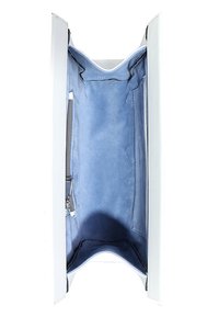 White handbag interior featuring soft blue suede lining, zippered pocket, smooth texture, and structured shape. Ideal for organized storage.