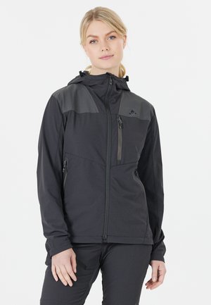 Black outdoor jacket with dark gray accents, featuring a hood, front zipper, and zippered pockets. Smooth texture and lightweight design.