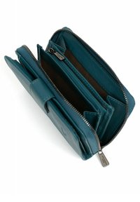 Portefeuille en cuir turquoise avec fermeture éclair, plusieurs emplacements pour cartes et compartiments. Extérieur texturé avec un intérieur lisse et doublé.
