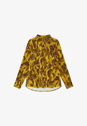 Langärmliges Hemd mit Knopfleiste, senfgelbem Hintergrund und abstraktem braunem Blumenmuster, spitzem Kragen und abgerundetem Saum.