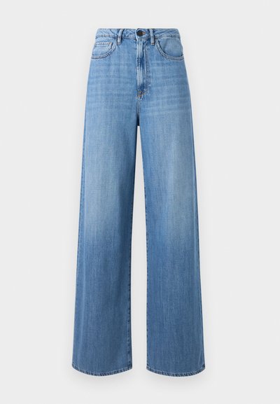 Helle blaue Wide-Leg-Jeans aus Denim mit hoher Taille, Gürtelschlaufen, Vordertaschen und kontrastierenden Steppnähten.