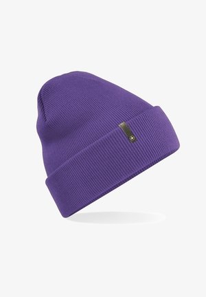 Purple knitted beanie with a ribbed texture, featuring a folded cuff and a small black logo patch on the side.