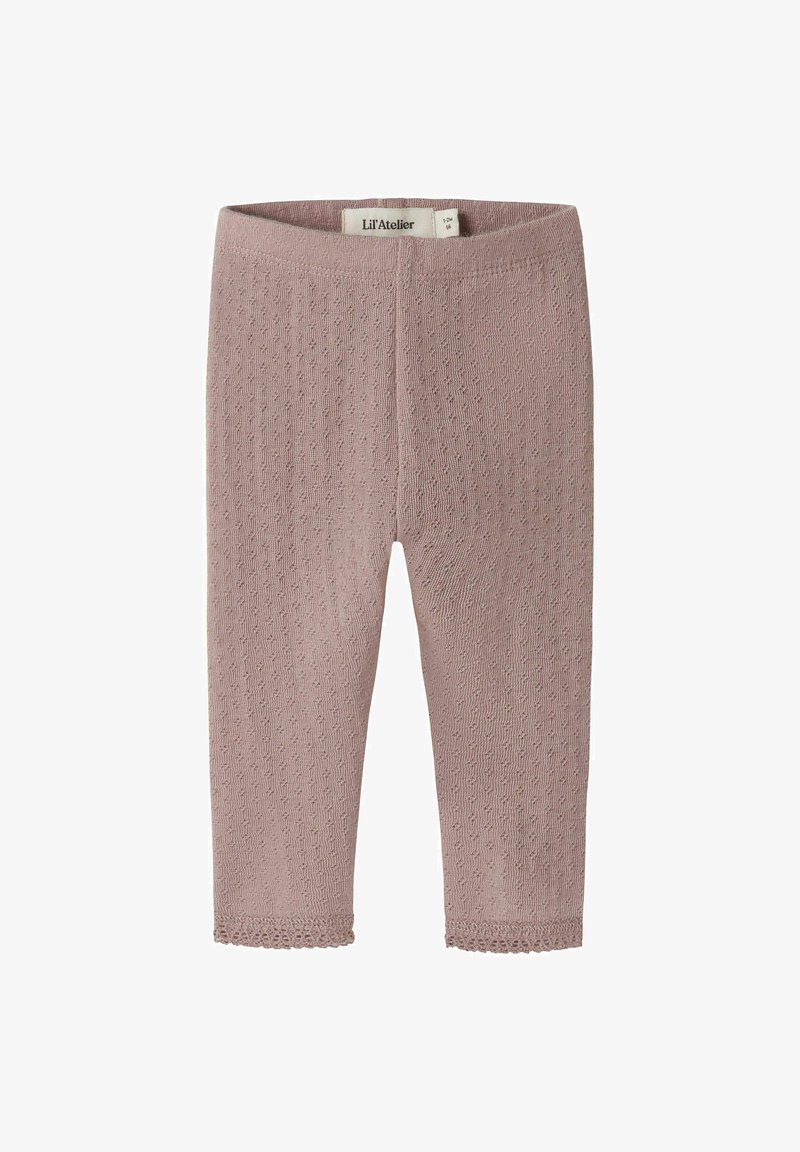Leggings pour bébé tricotés rose doux avec un motif texturé subtil et une bordure en dentelle aux chevilles, taille 1-2 ans.