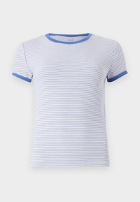T-shirt à manches courtes côtelé avec des bordures bleues, présentant des rayures horizontales blanches et bleu clair. Matière douce, design classique à col rond.