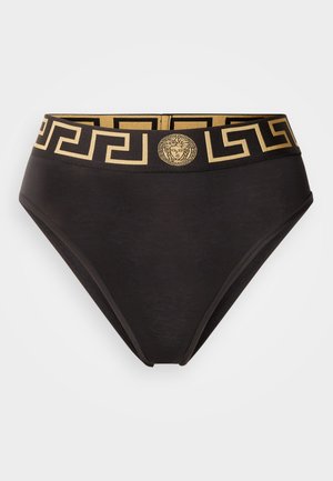 Czarne bikini z wysokim stanem, z elastycznym pasem w złotym wzorze, z emblematem Meduzy i geometrycznym wzorem. Tkanina o fakturze.