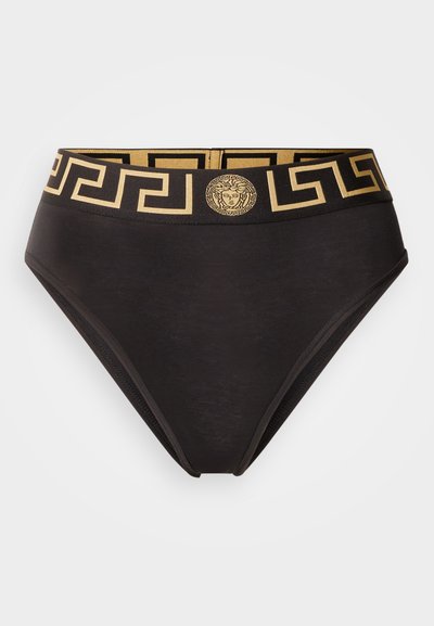 Μαύρο μπικίνι κάτω μέρος με ψηλή μέση, με χρυσή ελαστική ζώνη μέσης με σχέδιο και έμβλημα Μέδουσας και γεωμετρικό μοτίβο. Υφασμάτινη υφή.