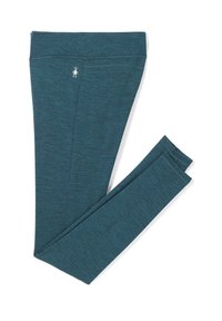 Leggings turchesi realizzati in tessuto misto con una superficie liscia, caratterizzati da un logo sulla cintura e un design aderente adatto per l'abbigliamento attivo.