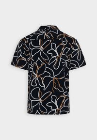 Košile s krátkým rukávem z černé látky s abstraktním květinovým vzorem v bílé a hnědé barvě, se klasickým límečkem a volným střihem.