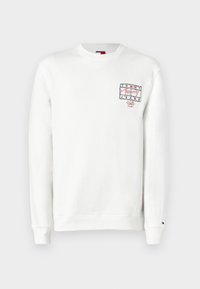 Hvid langærmet sweatshirt med rund hals, lille grafisk logo og tekst på venstre bryst, ribbede manchetter og kant.