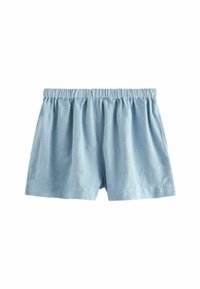 Light blue shorts with an elastic waistband, featuring embroidered floral patterns throughout and a relaxed, loose fit.