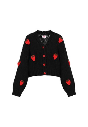 Black chunky knit cardigan with red buttons and red raspberry appliques scattered on front and sleeves, featuring a V-neck and long sleeves.