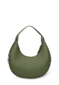 Borsa a mano in pelle verde con una forma arrotondata, un manico corto e una finitura testurizzata. Presenta dettagli in argento e una chiusura con zip.