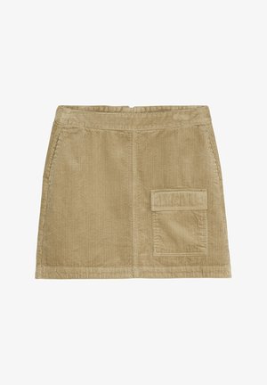 Beige corduroy minirok met voorflapzak en zijzakken, voorzien van een verticale geribbelde textuur en een rechte zoom.