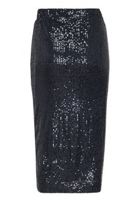 Fustă tip creion din paiete negre, cu un design ajustat, având o textură netedă și un tiv. Paietele reflective creează un efect strălucitor.