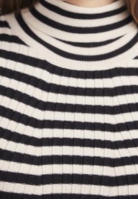 Czarny i biały sweter z golfem w paski, wykonany z materiału prążkowanego, z poziomymi paskami i dopasowanym krojem oraz wysokim kołnierzem.