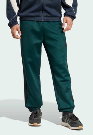 Teal-Sporthosen mit schwarzen Seitenstreifen, elastischem Bund und Bündchen. Aus glattem Material gefertigt, kombiniert mit dunklen Sneakers mit heller Sohle.