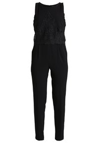 Mono negro con parte superior de encaje de diseño con escote en picos, pantalones rectos y sin cierres. Textura suave en toda la prenda.
