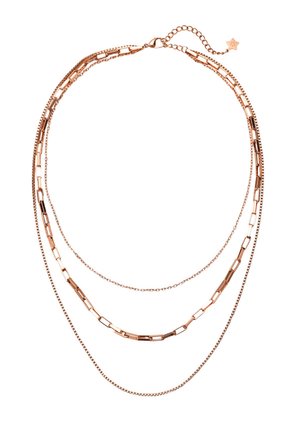 Collana a tre strati in oro rosa con diversi design di catene: stili piatti, a scatola e a maglie, dotata di chiusura regolabile.