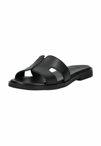 Sorte lædersandaletter med to udskårne stropper, en glat overflade, lav profil sål og minimalistisk design.