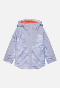 Light purple jacket with a smooth texture, featuring a hood, orange interior lining, and side pockets, accented by a marbled pattern.