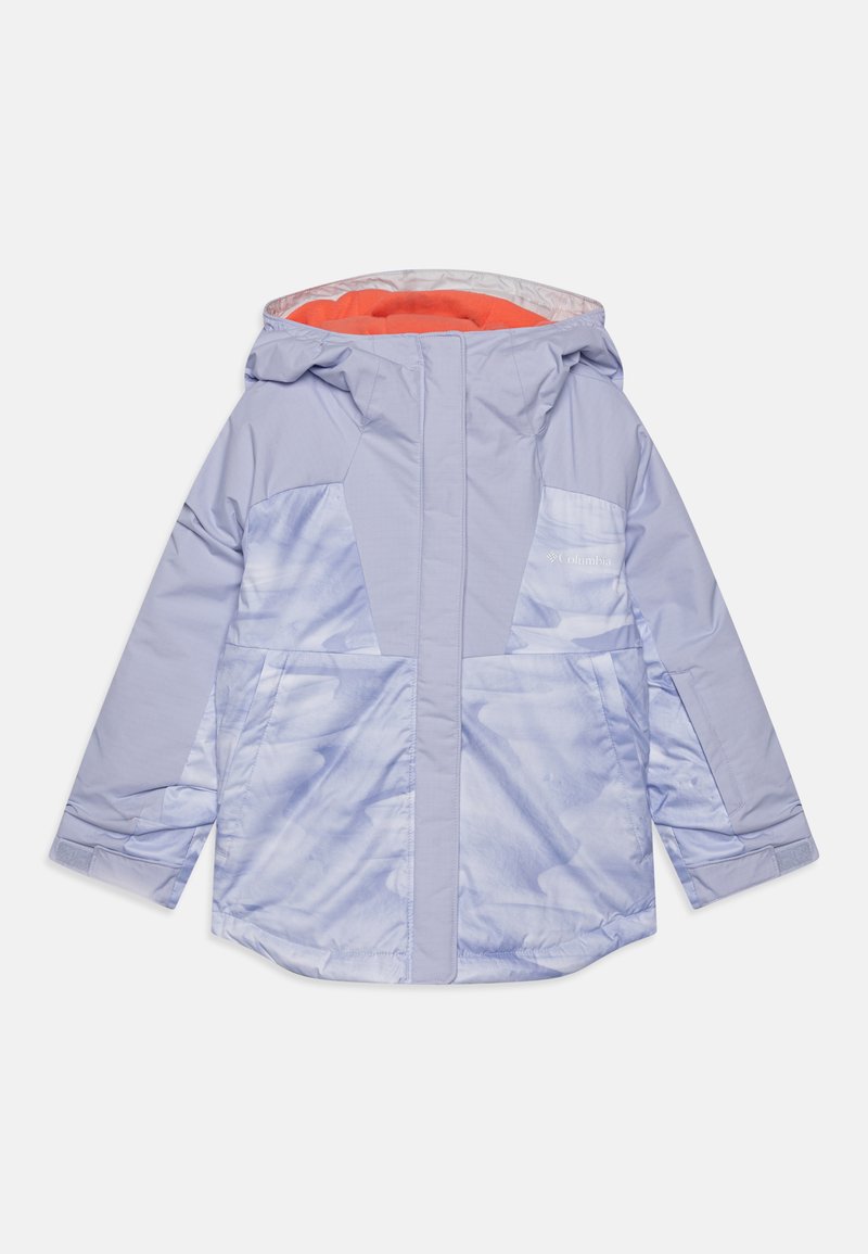 Light purple jacket with a smooth texture, featuring a hood, orange interior lining, and side pockets, accented by a marbled pattern.