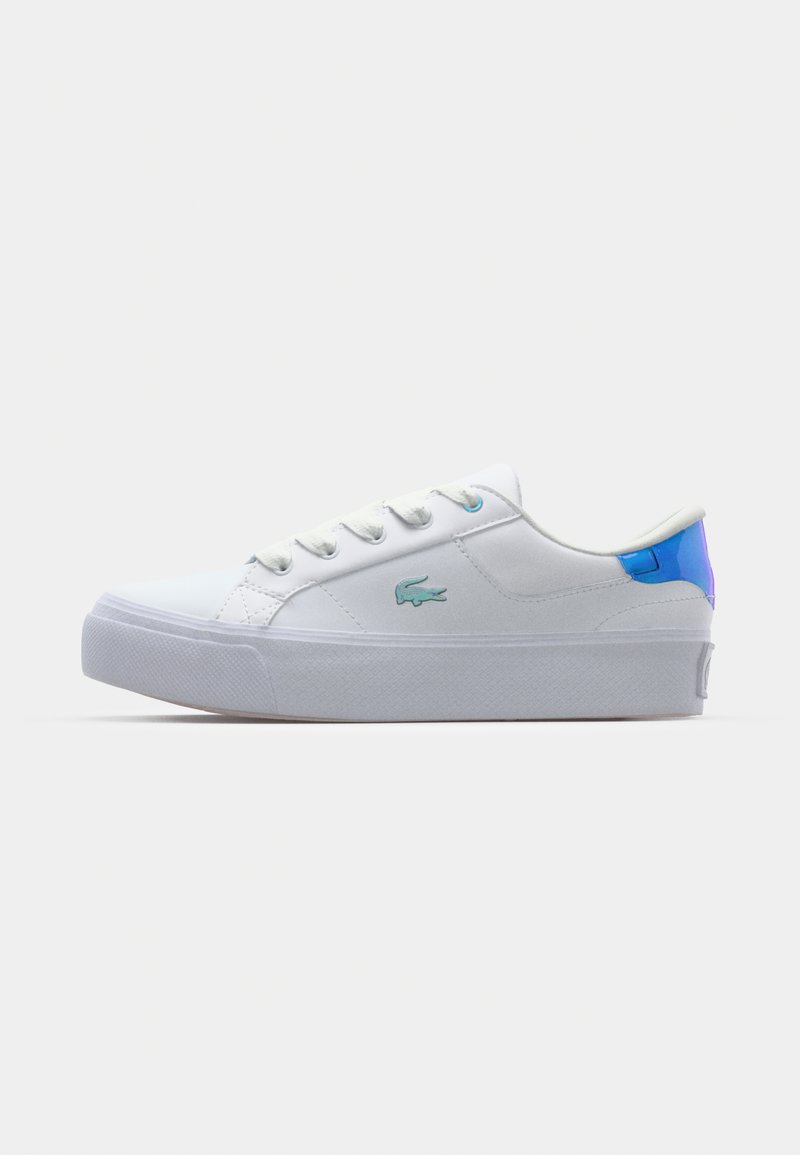 White sneaker with smooth textile upper, tonal laces, iridescent blue accent at the heel, and textured rubber sole. Features logo on side.