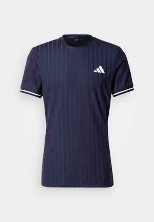 Navy blue sports T-shirt with vertical stripes, round neck, short sleeves, white accents on cuffs, and a white logo on the chest.