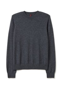 Pull en gris foncé à col rond avec des manches longues, des poignets et un ourlet côtelés. Fabriqué en tissu texturé adapté à une tenue décontractée.