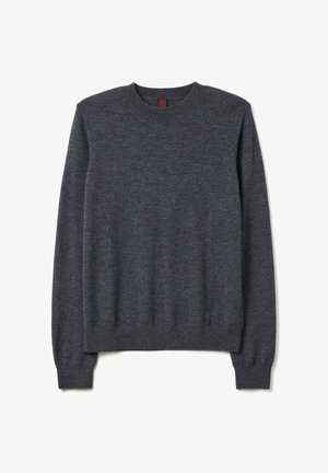 Dunkelgrauer Rundhalsausschnitt-Pullover mit langen Ärmeln, gerippten Bündchen und Saum. Hergestellt aus strukturiertem Stoff, ideal für die Freizeit.